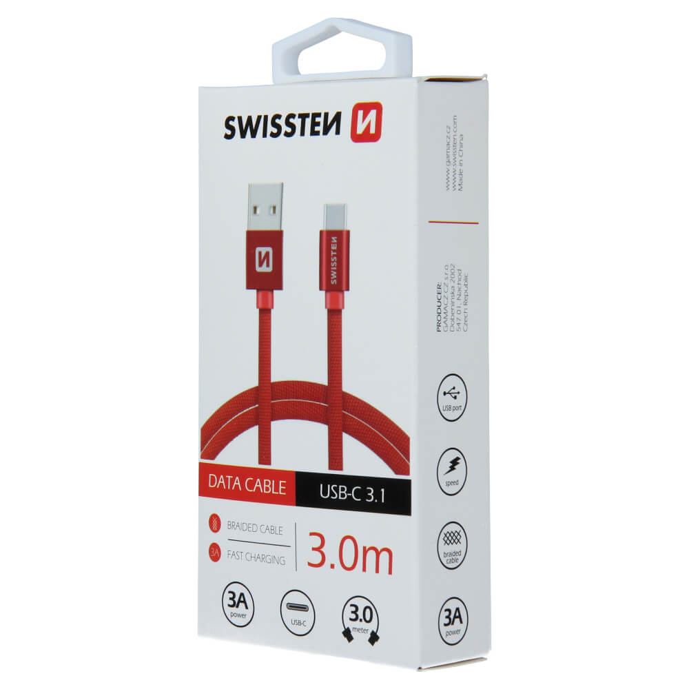 Textilný dátový kábel Swissten USB / USB-C 3,0 M - červený